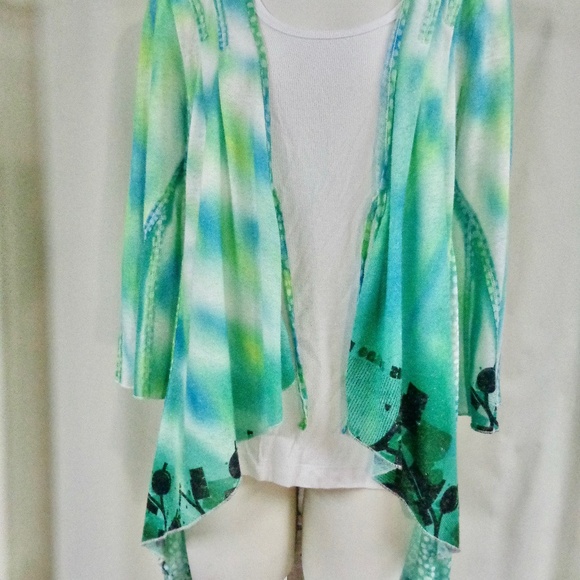 ANIA.A. TURQUOISE WATERCOLOR PRINT 3/4 SLEEVE TIE FRONT LIGHT WEIGHT JACKET S - Picture 8 of 10